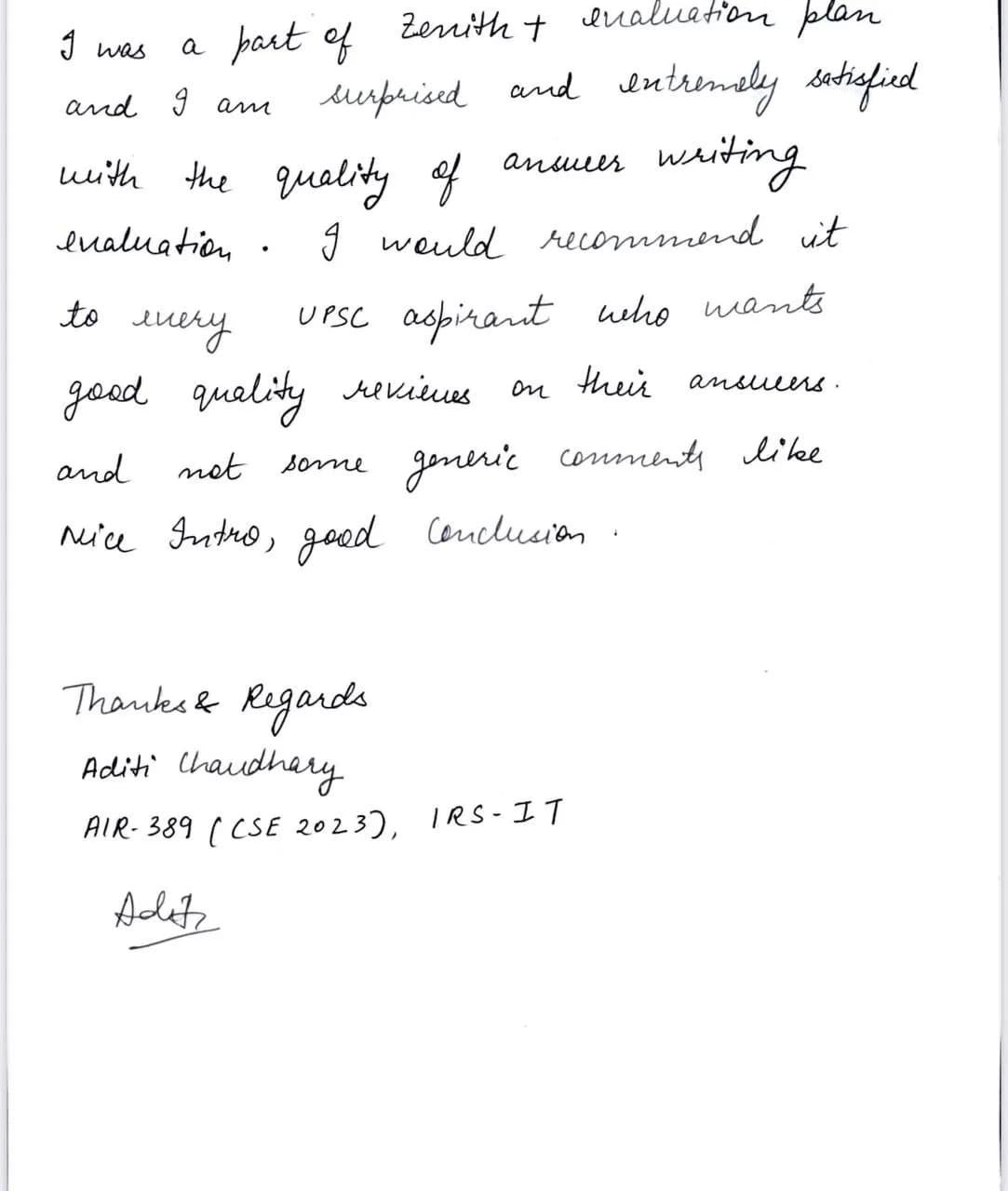 Handwritten note from Aditi Chaudhary (AIR 389 ยท IRS-IT) about CollectorBabu