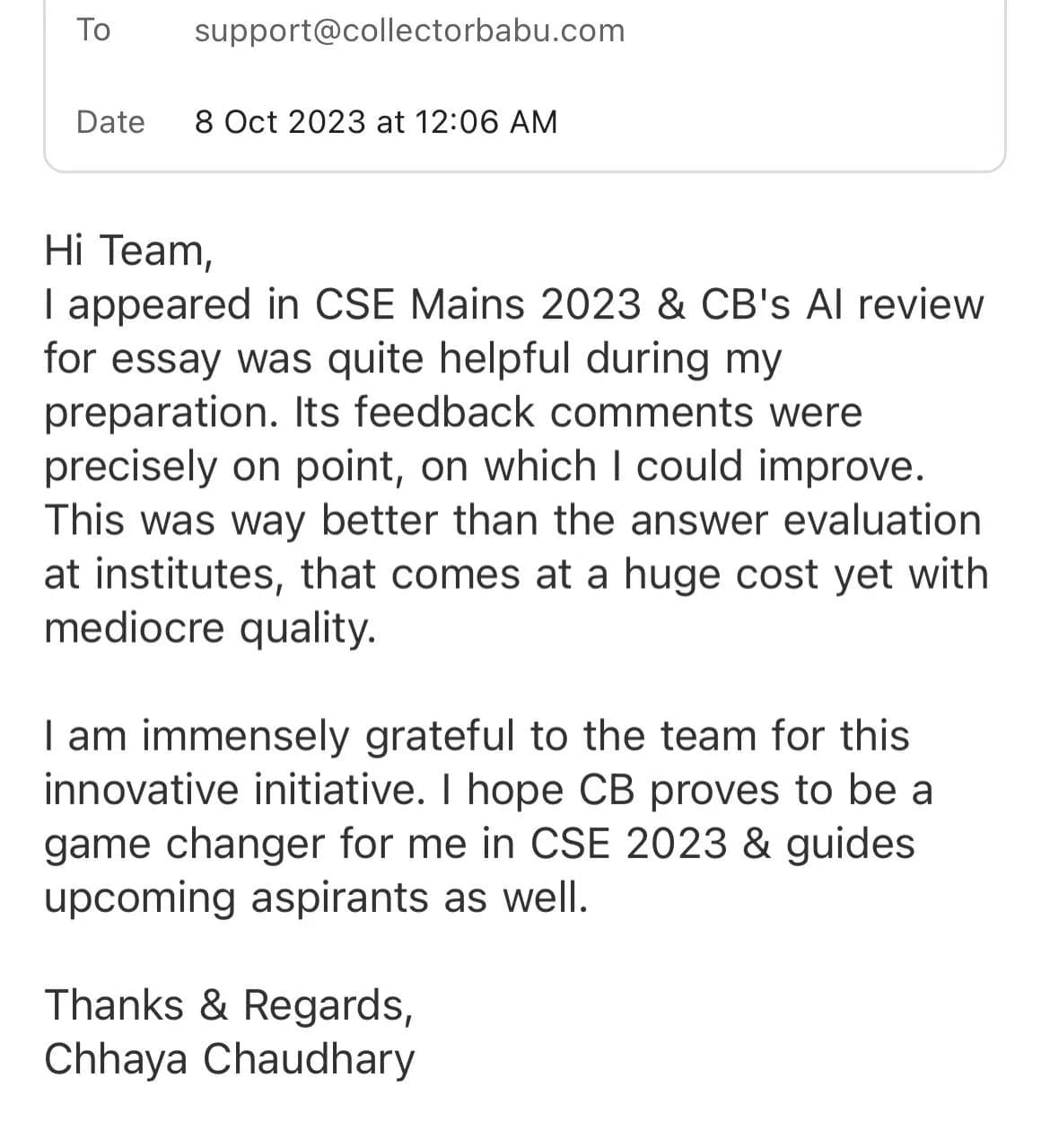 Mail to support from Chhaya Chaudhary (CSE Mains) about CollectorBabu