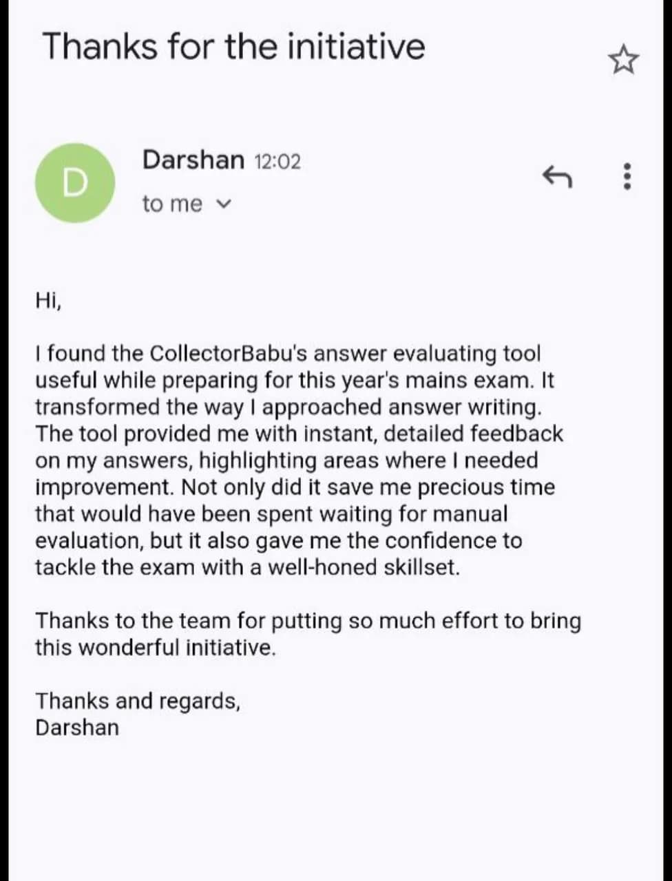 Mail to support from Darshan (CSE Mains) about CollectorBabu