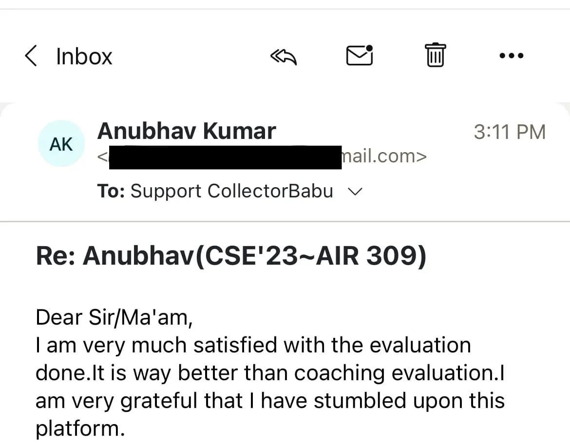 Mail to support from Anubhav Kumar (AIR 309) about CollectorBabu