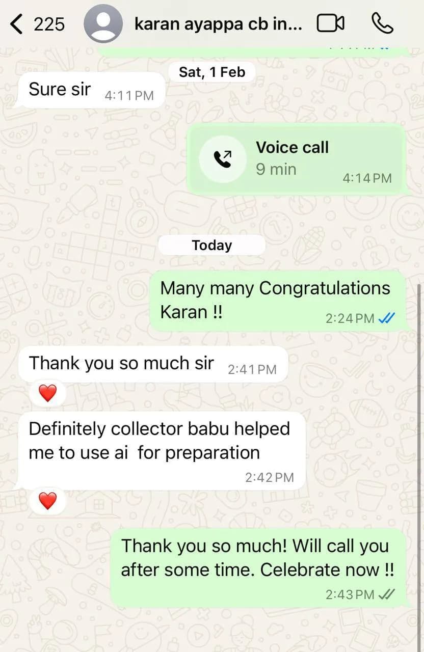 WhatsApp on result day from Karan Ayappa (AIR 691) about CollectorBabu